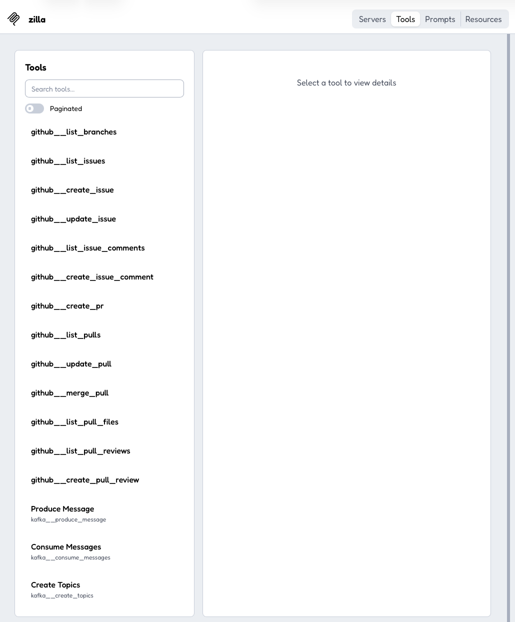 tools/list with the full-access token, showing every tool across every toolkit