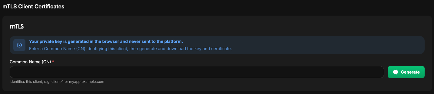 Client certificate generation form with Common Name field