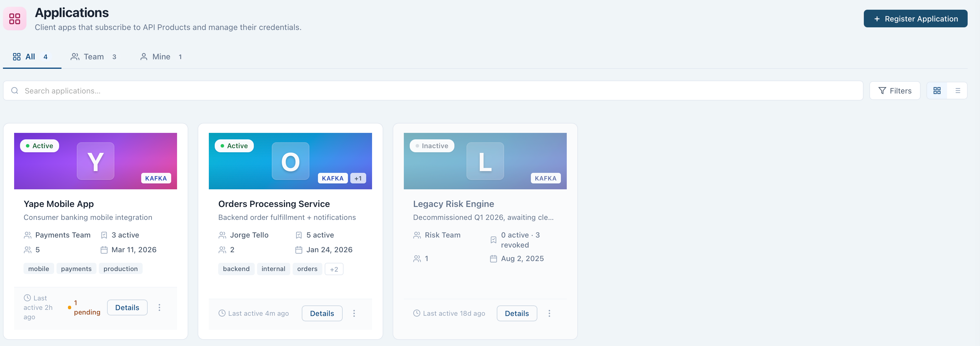 Applications list showing status, protocol, active subscriptions, and member count