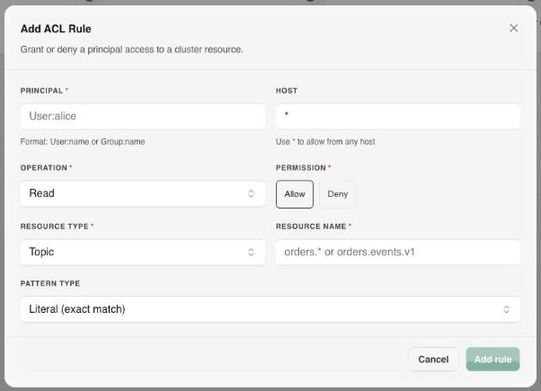 Add ACL Rule dialog with principal, host, operation, permission, and resource fields