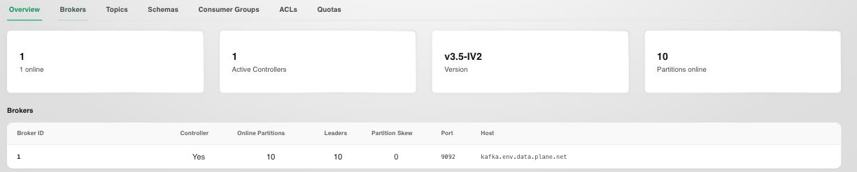 Brokers tab showing broker count, active controller, online partitions, and replication health
