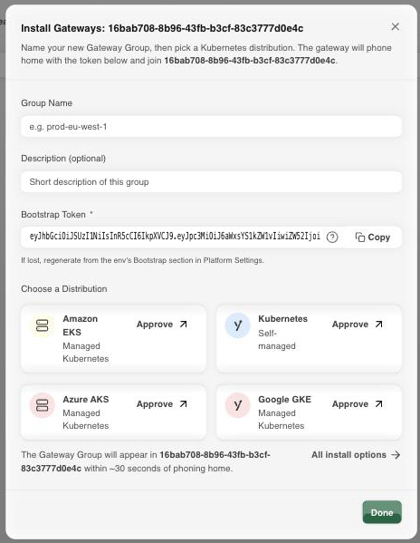 Install Gateways dialog with group name, bootstrap token, and Kubernetes distribution picker