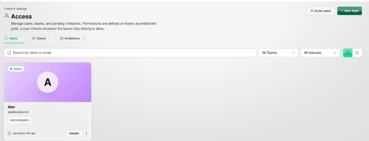 Access page showing Users, Teams, and Invitations tabs