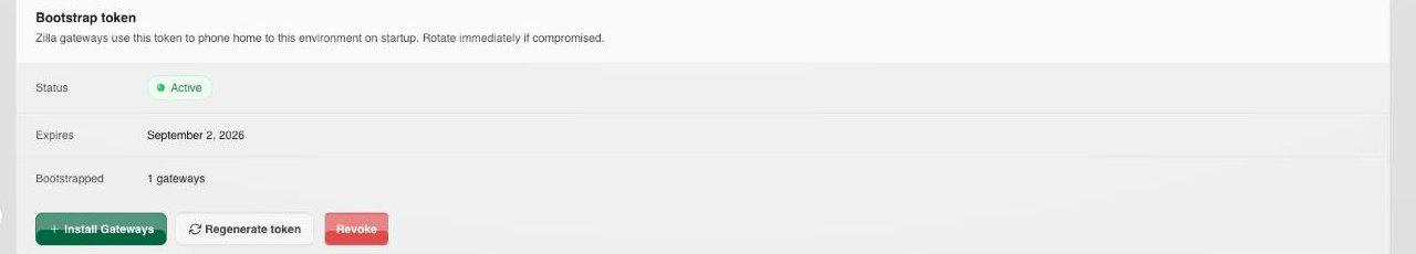 Details tab showing an environment's bootstrap token, with Install Gateways, Regenerate, and Revoke