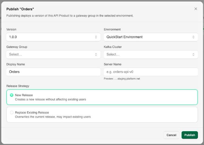 Publish dialog with version, environment, Gateway Group, and release strategy fields